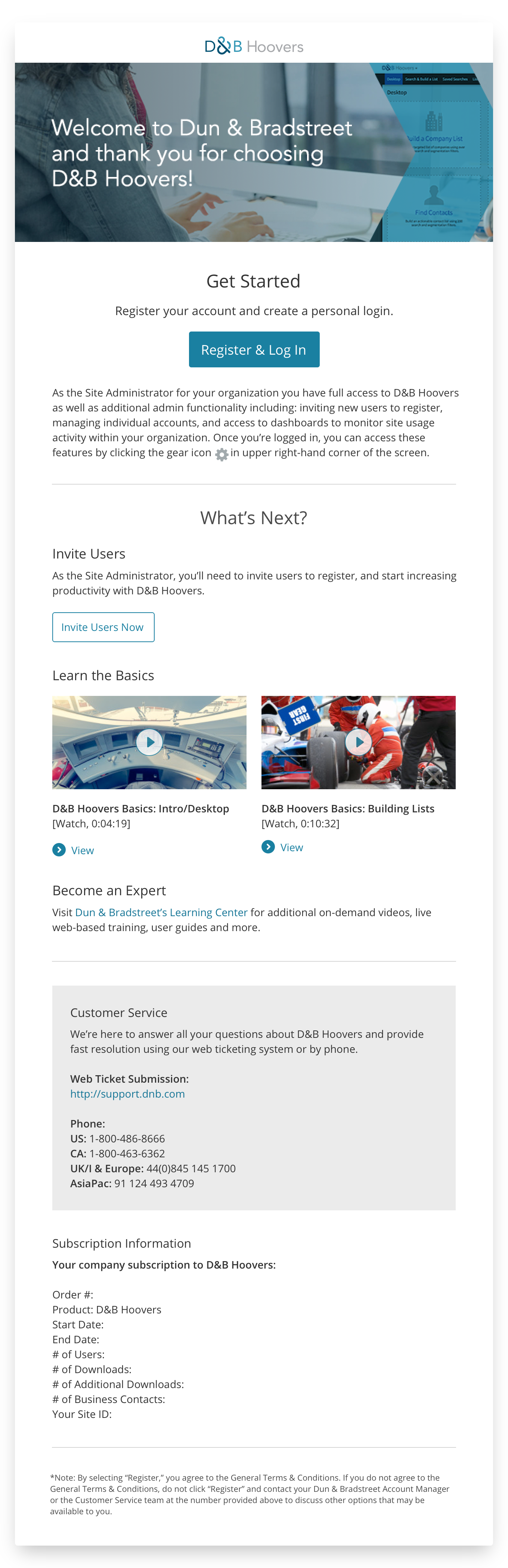 D&B Hoovers Welcome Email